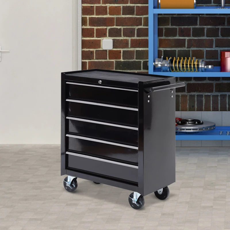 Black 5-Drawer Steel Tool Chest with Wheels and Lockable Cabinet