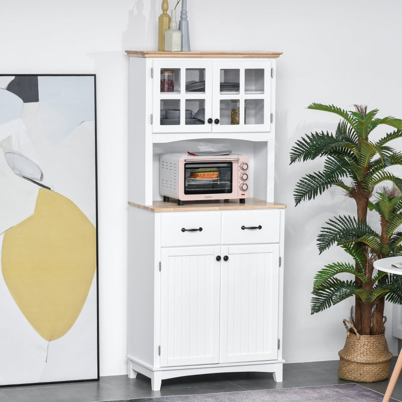 White Kitchen Storage Cabinet with Glass Doors and Drawers