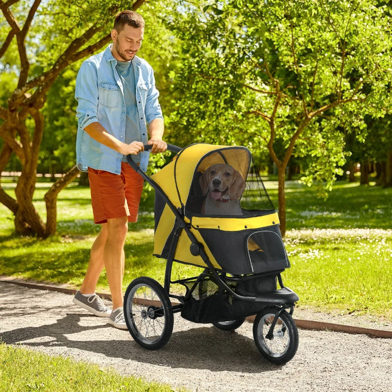 Yellow Foldable Pet Stroller with Canopy for Small and Medium Dogs