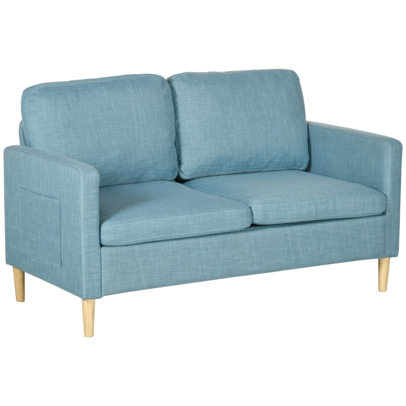 Blue Fabric Two Seater Sofa with Wood Legs and Pockets