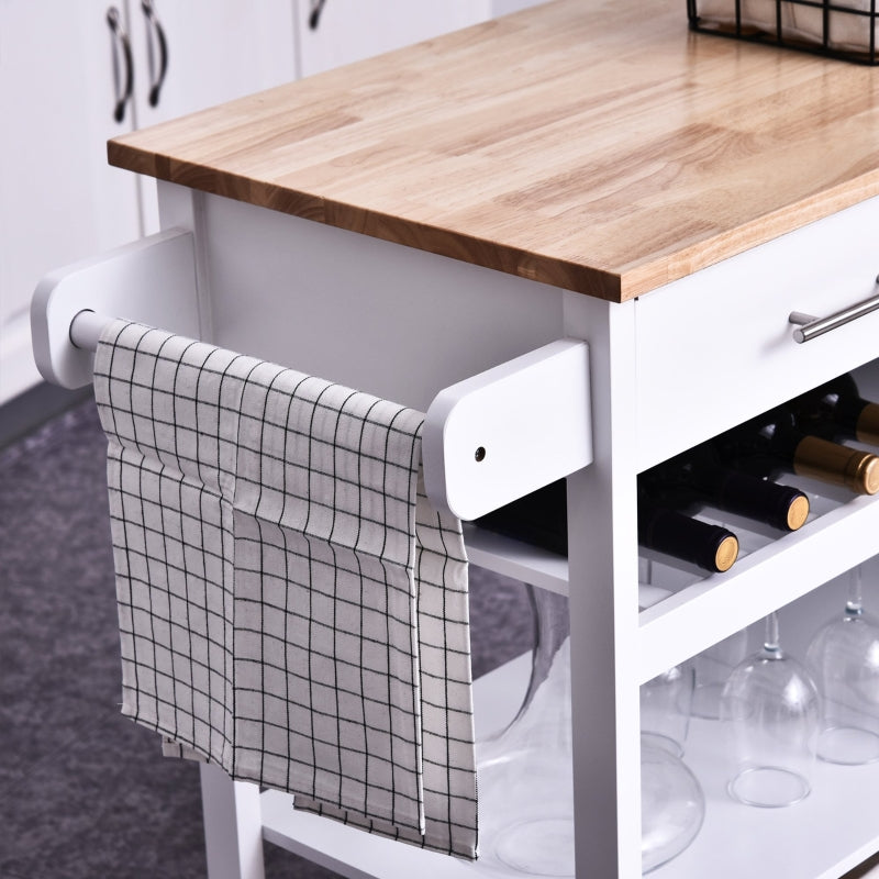 White Kitchen Storage Trolley Cart with Drawers and Wine Glass Rack