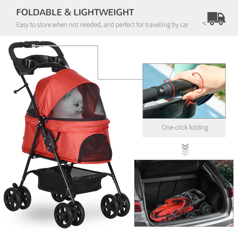 Red Pet Stroller with Canopy, 4 Wheels, Leashes, Storage Basket