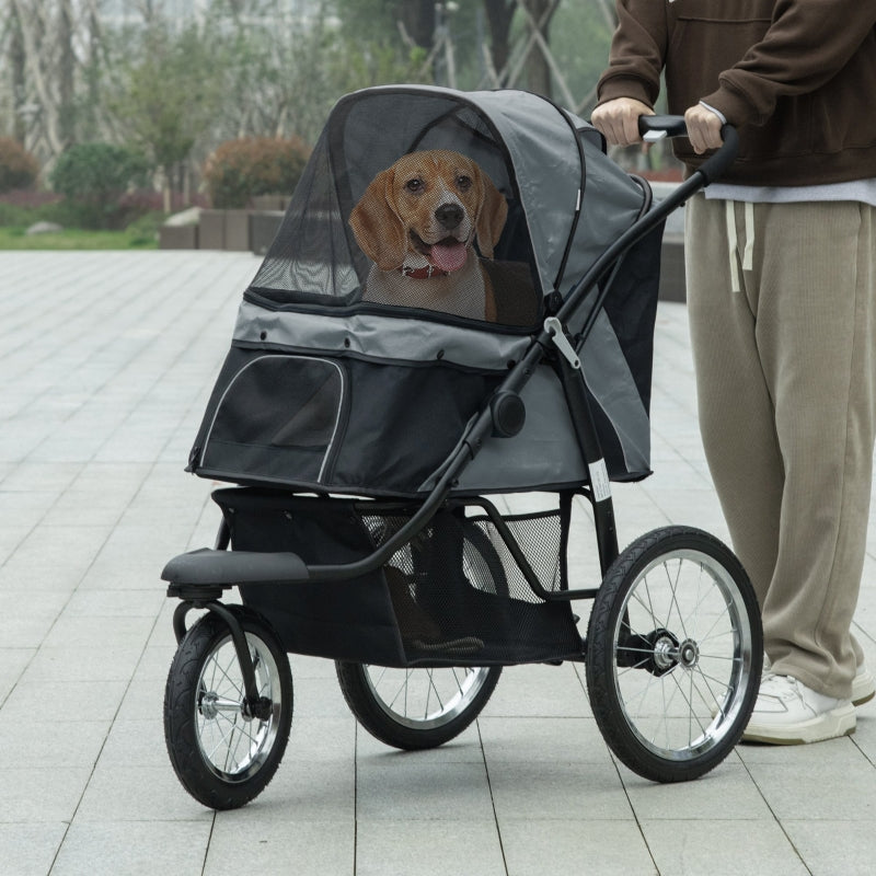 Grey Pet Stroller for Medium & Small Dogs - Foldable Jogger with Adjustable Canopy & Washable Cushion