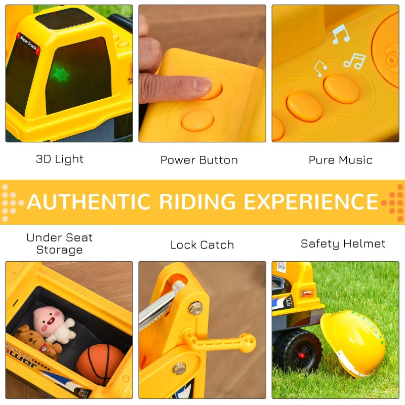 Kids Yellow Ride-On Excavator with Detachable Digging Bucket and Grab Bucket