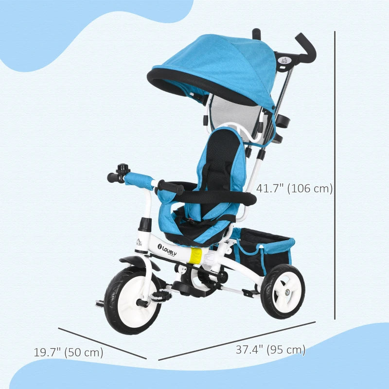 Blue 6-in-1 Kids Trike with Push Handle, Canopy, Safety Belt, Storage, Footrest, Brake