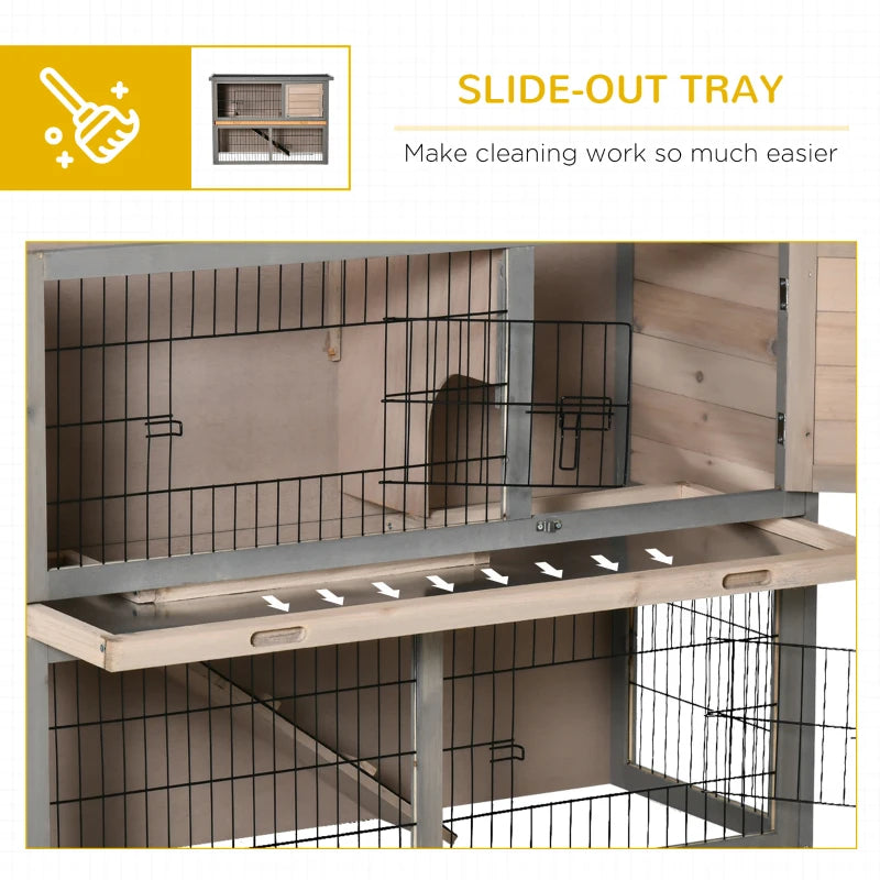 Brown 2 Tier Wooden Rabbit Hutch Guinea Pig House with Ramp and Outdoor Run - Small Animal Cage