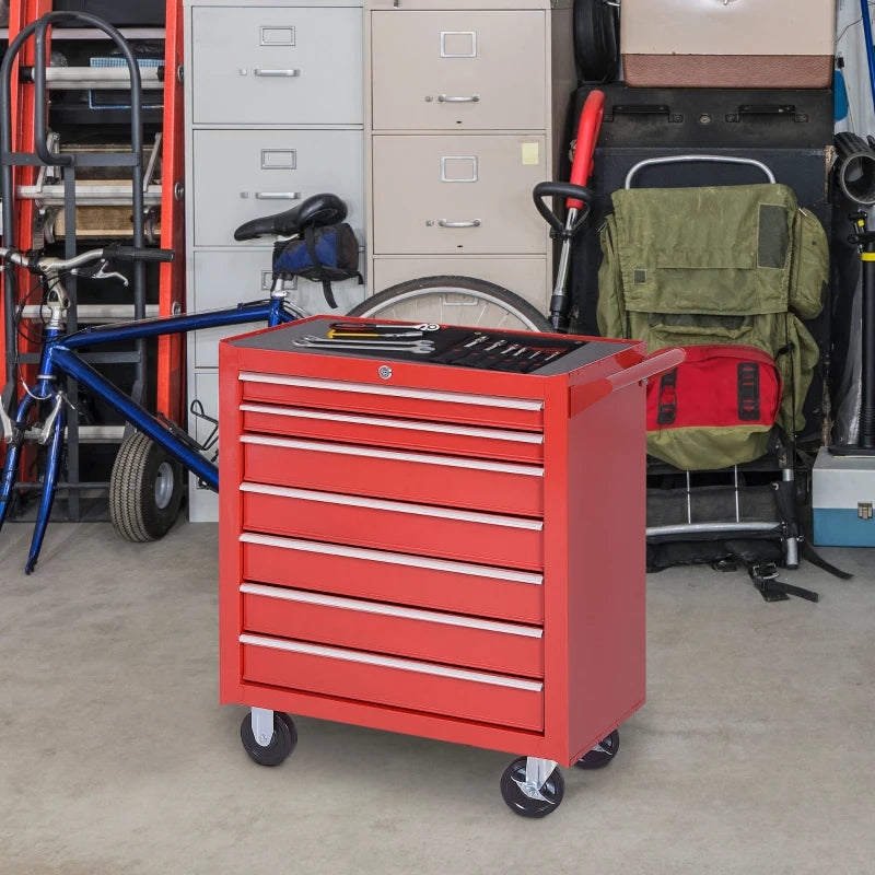 Red 7-Drawer Roller Tool Cabinet Storage Chest with Wheels