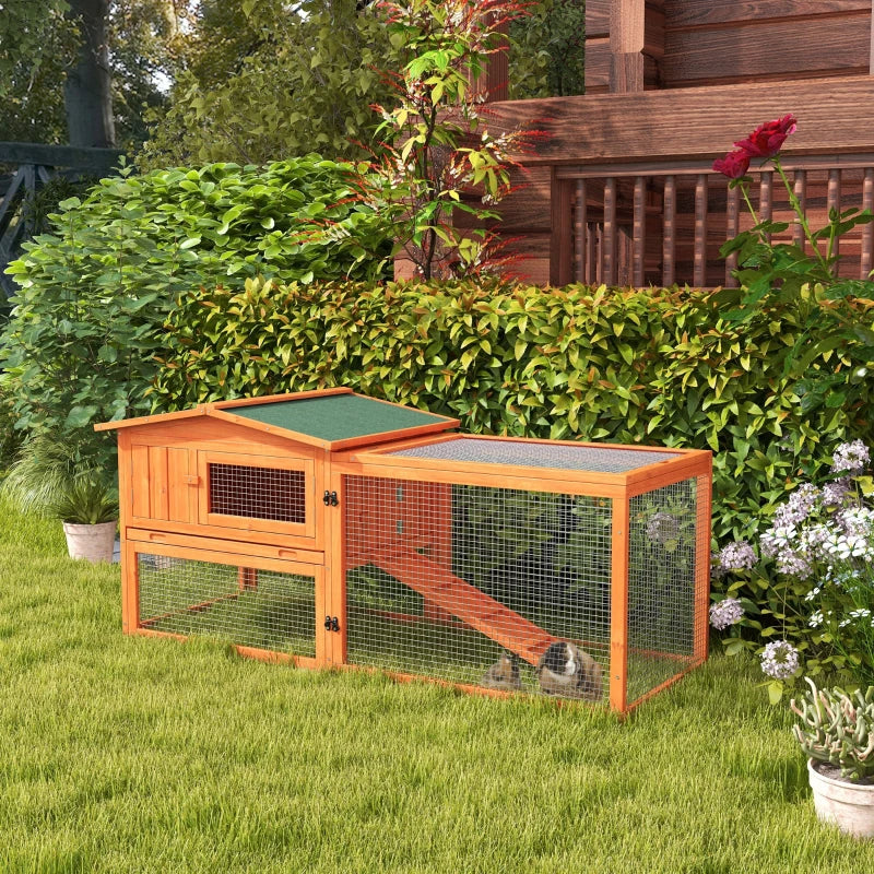 Orange Wooden Rabbit Hutch with Run and Accessories, 156 x 58 x 68cm