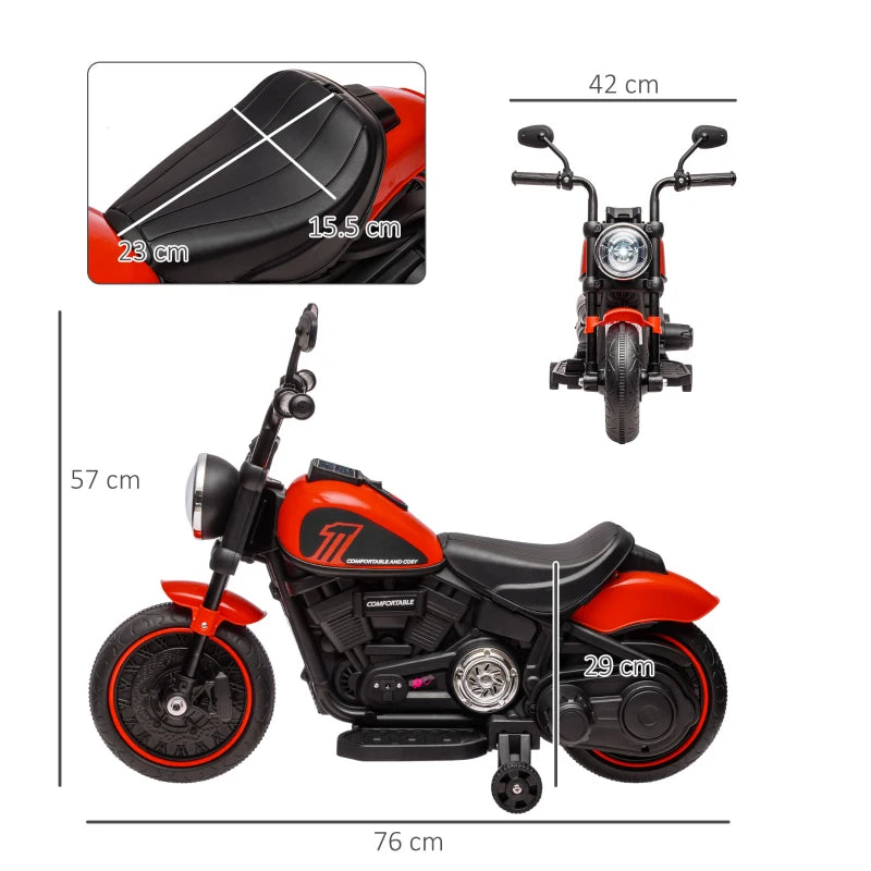 Red 6V Electric Motorbike with Training Wheels, One-Button Start