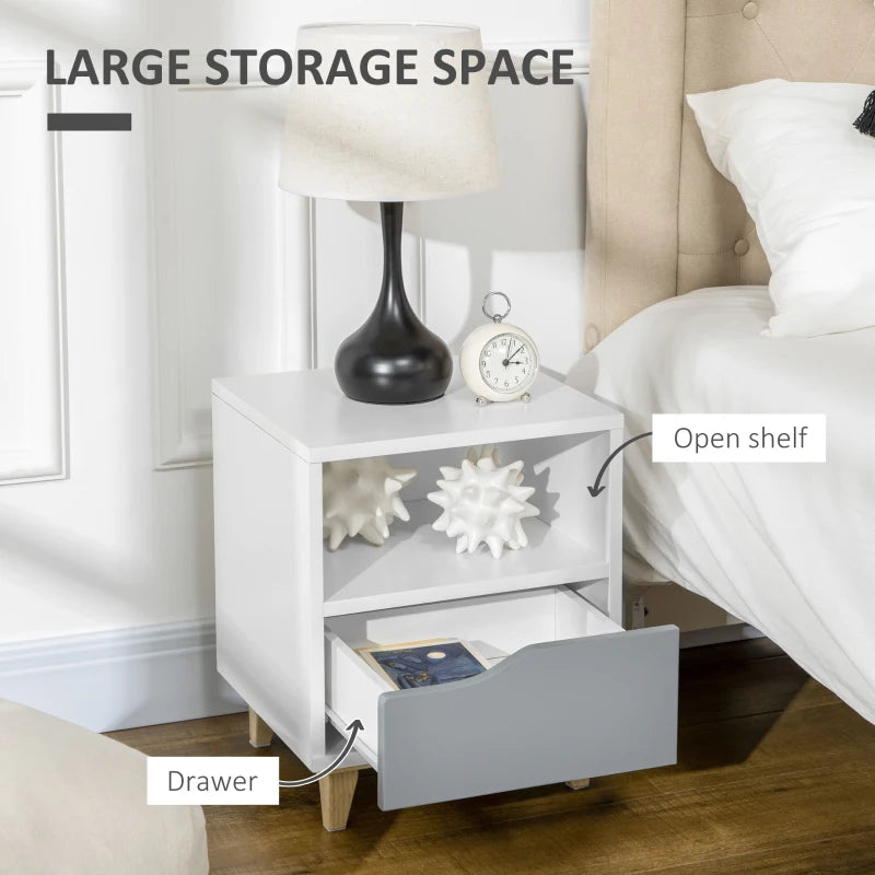 Modern White and Grey Bedside Table with Drawer and Shelf