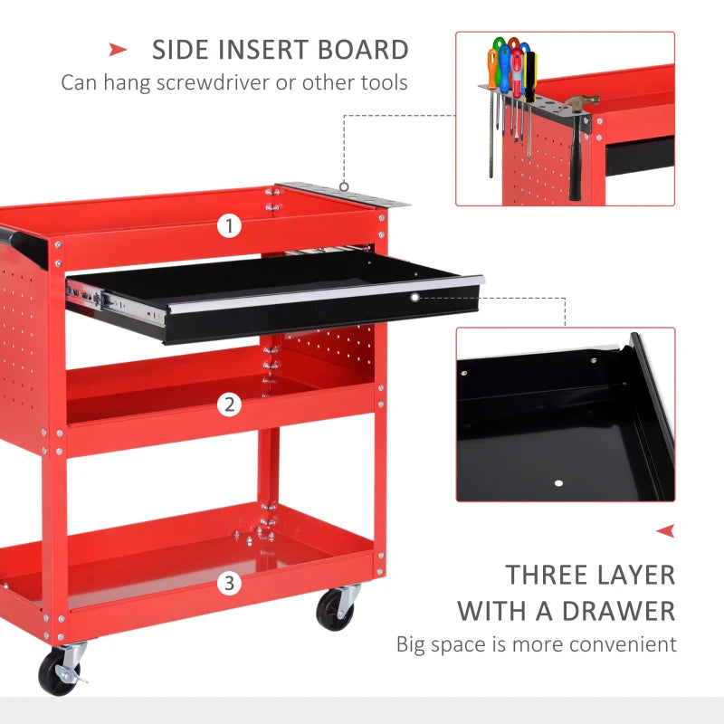 Red 3-Tier Tool Trolley Cart with Drawer