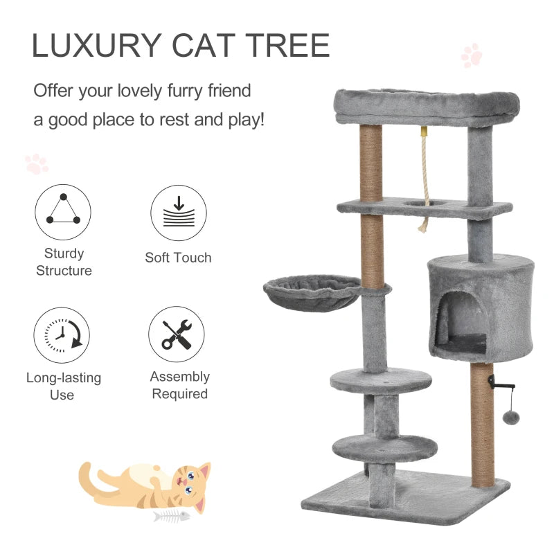 Cat Climbing Tree Tower 120cm with Scratching Post and Hammock - Light Grey