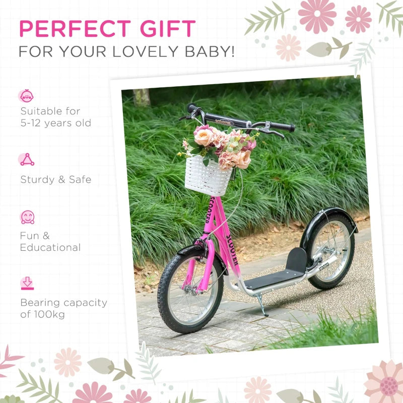 Pink Kids Scooter with Adjustable Handlebar, 2 Brakes, Basket, Cupholder, Mudguard, 16" Inflatable Tyres