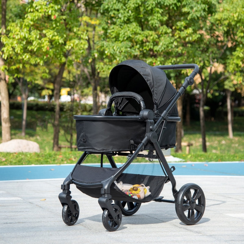 Black Foldable Baby Stroller with Reclining Backrest and Adjustable Canopy