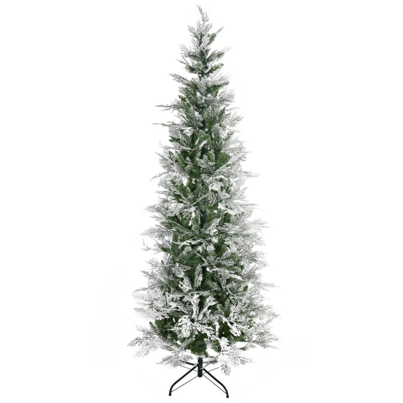 7 Ft Snow Flocked Pencil Christmas Tree, Realistic Cypress Branches, Green