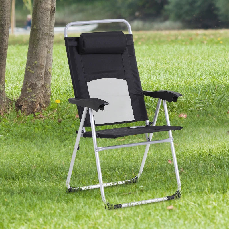 Black Folding Camping Chair with Adjustable Recliner and Pillow