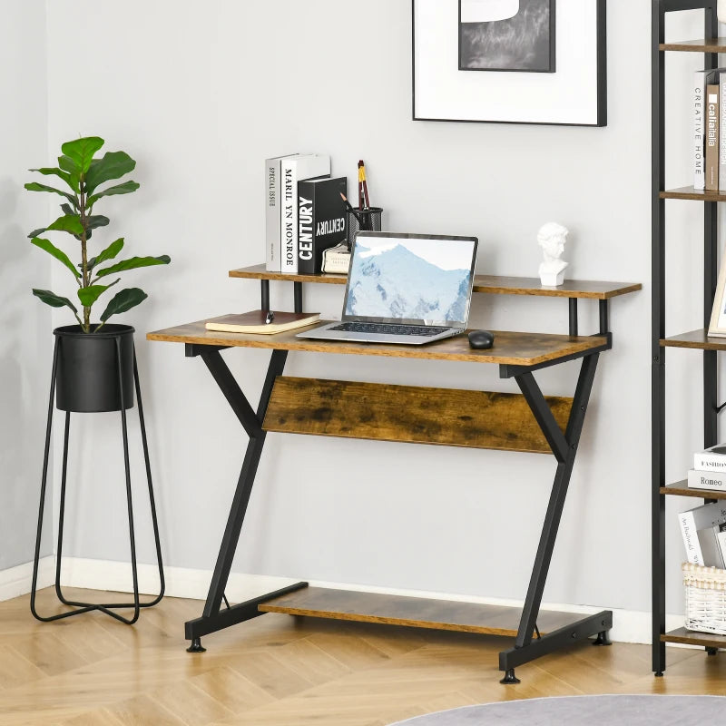 Rustic Brown Compact Computer Desk with Storage & Monitor Stand