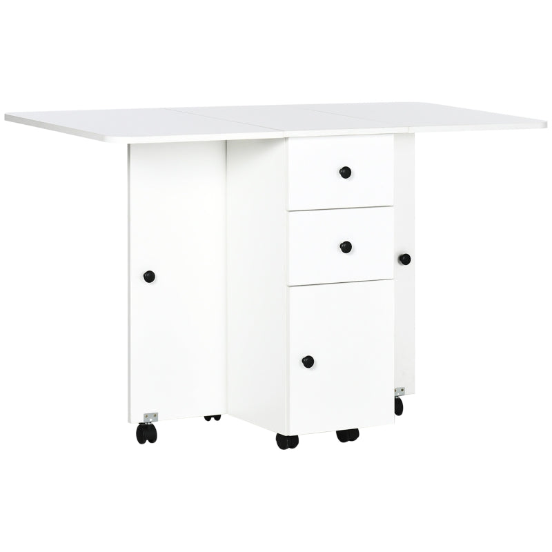 White Folding Dining Table with Storage Drawers and Wheels