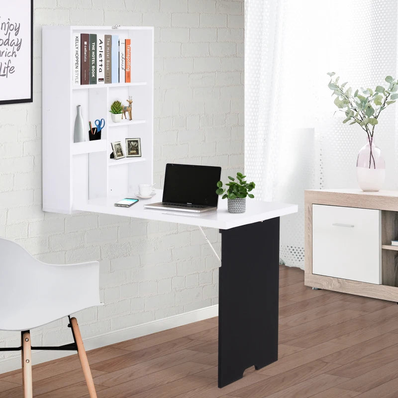 White Floating Drop-Leaf Desk with Chalkboard and Storage Shelf