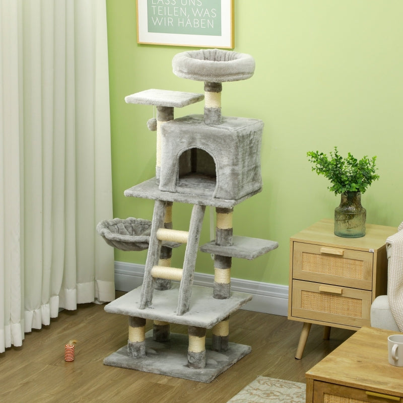 Grey Cat Tree with Hammock and Condo - 125cm Scratching Post for Large Indoor Cats