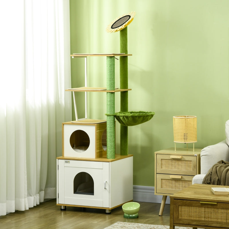 Oak Tone Cat Tree with Litter Box, Scratching Post, House & Hammock