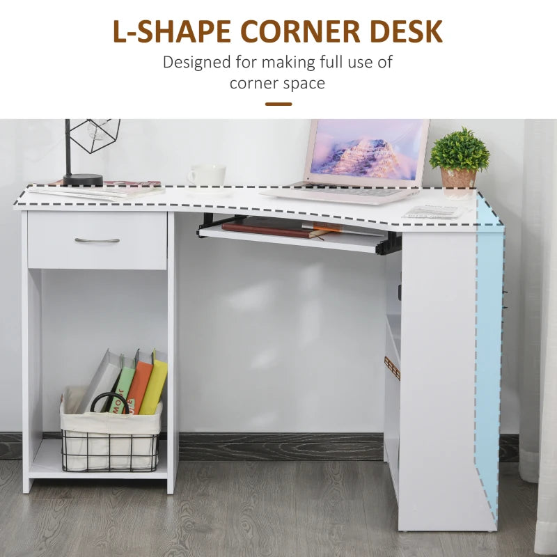 White L-Shaped Computer Desk with Shelves & Drawer