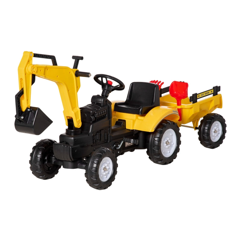 Yellow Kids Ride-On Construction Car with Horn and Trailer