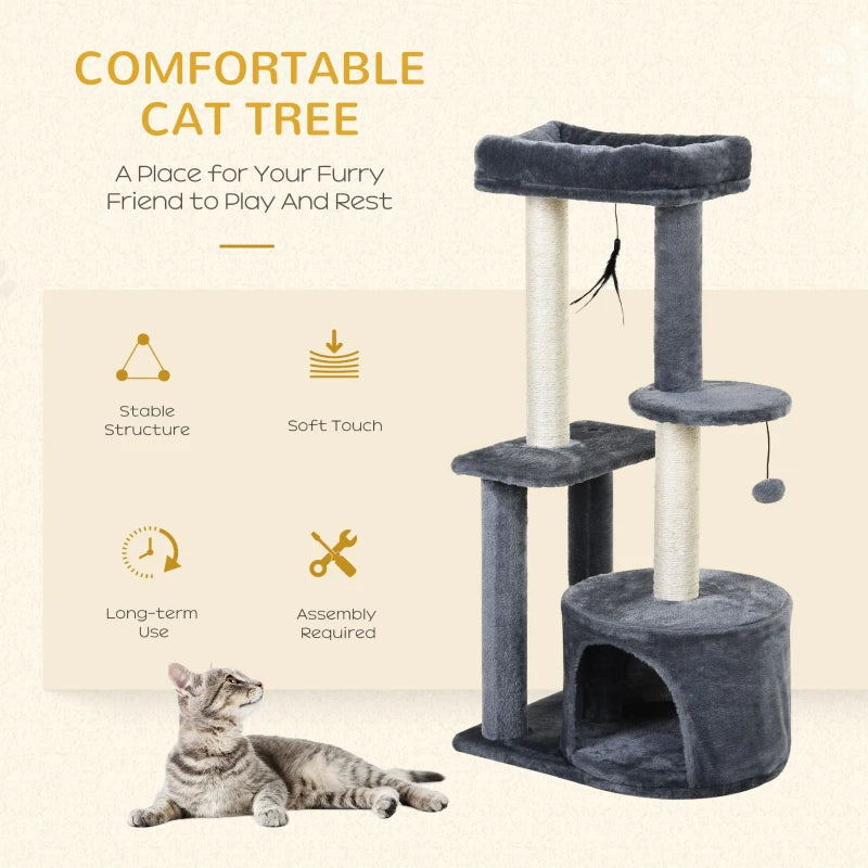 Grey Cat Tower Condo with Scratching Posts and Toys