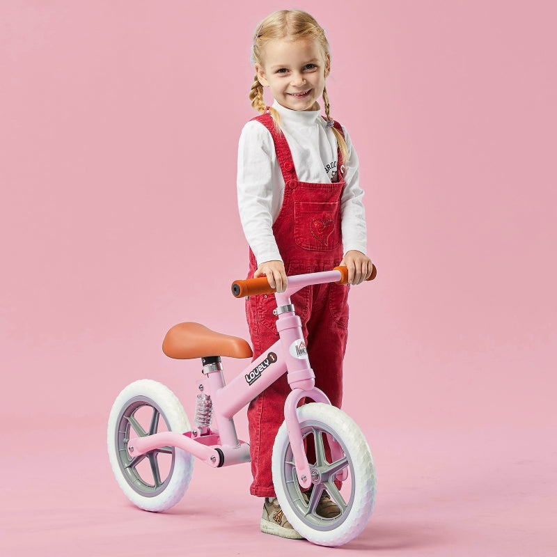 12" Pink Kids Balance Bike - No Pedal Bicycle with Adjustable Seat and Shock Absorber