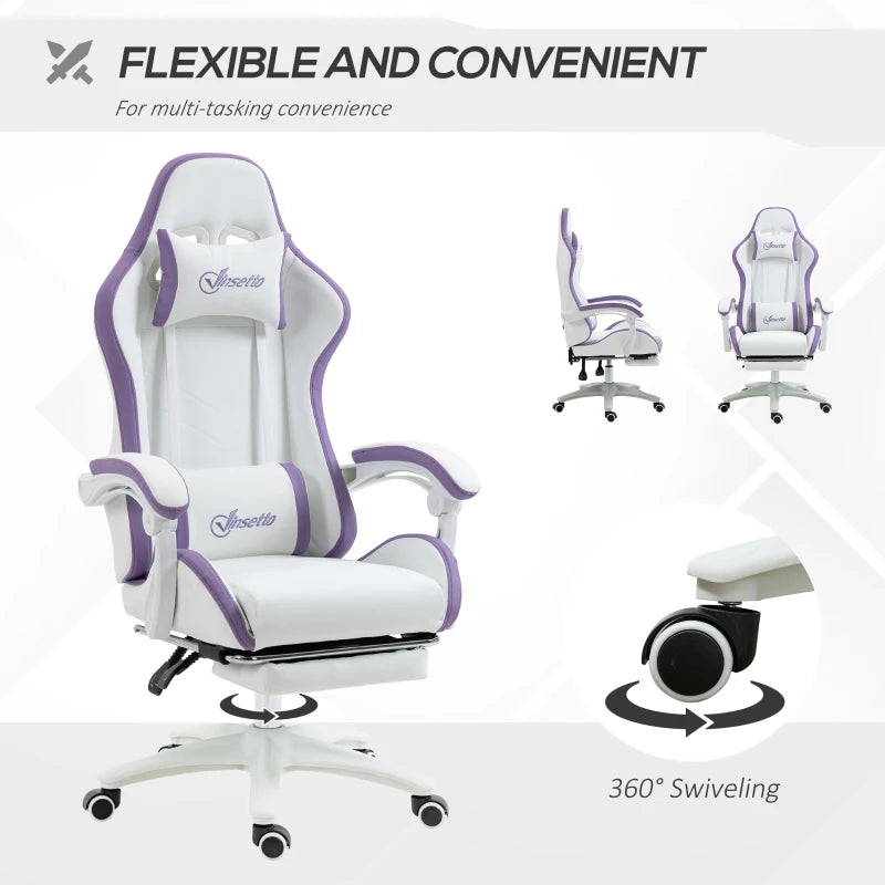 White & Purple Racing Gaming Chair with Footrest & Swivel Seat