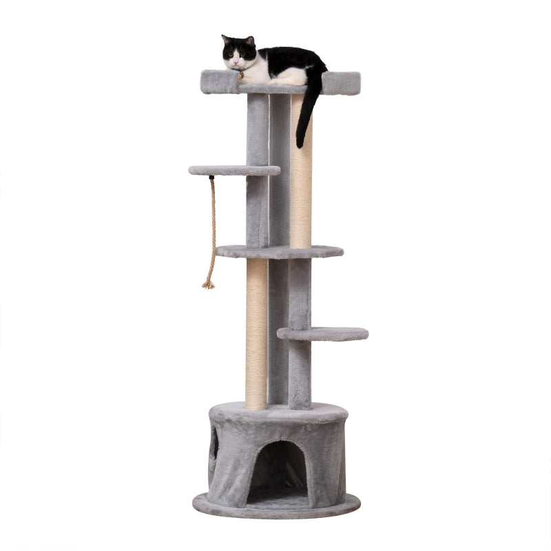 Grey Cat Tree Tower with Scratching Post and Plush Perches