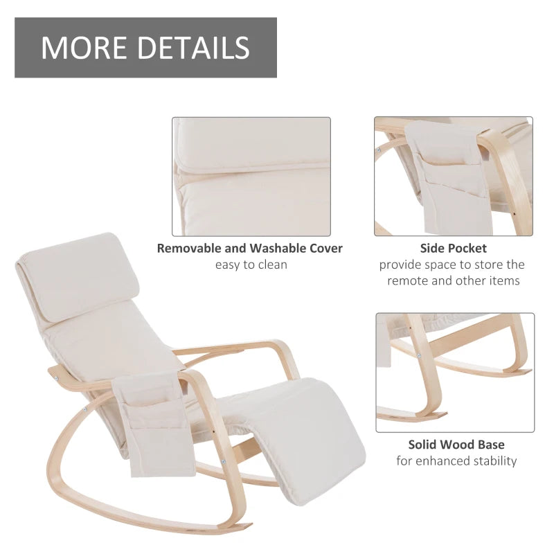 Adjustable Rocking Lounge Chair with Footrest and Pocket - Cream White