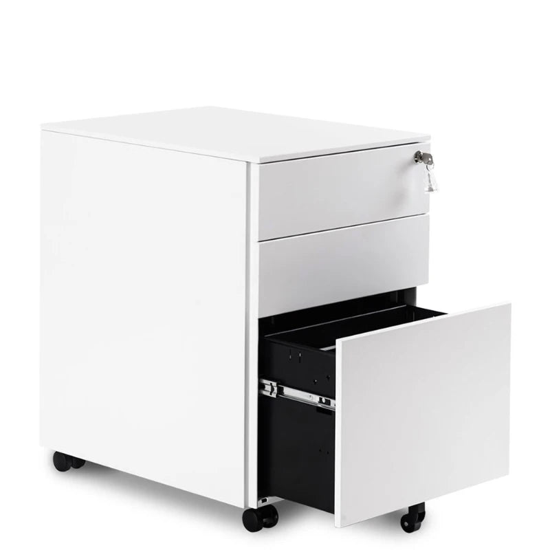 White 3-Drawer Lockable Steel File Cabinet on Wheels