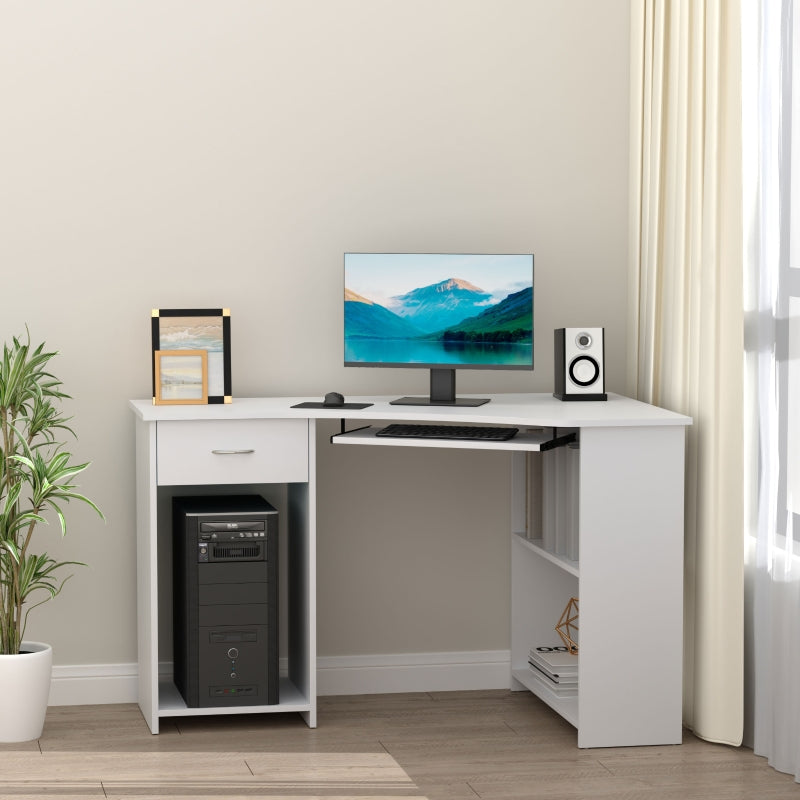 White L-Shaped Computer Desk with Shelves & Drawer