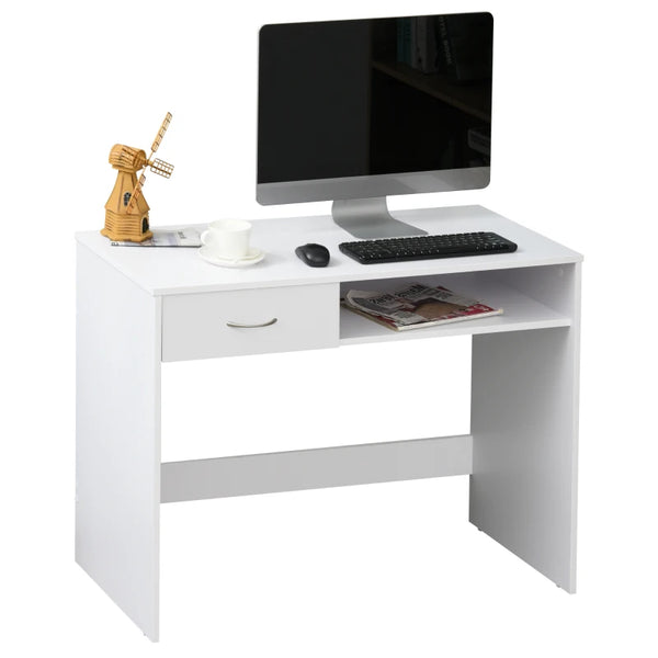 White Compact Study Desk with Drawer and Storage