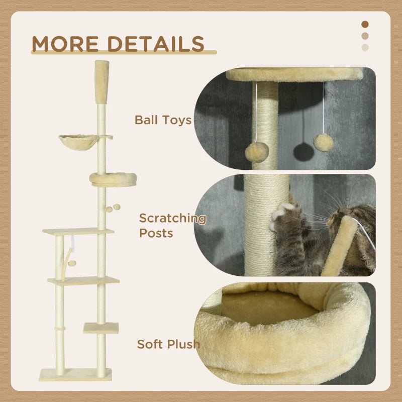 Beige 6-Tier Floor to Ceiling Cat Tree with Scratching Post and Hammock