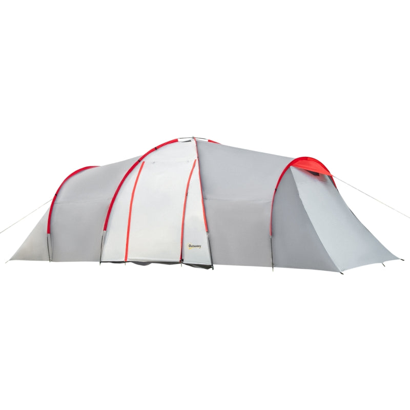 4-Person Tunnel Camping Tent with 2 Bedrooms and Living Room - Grey/Red