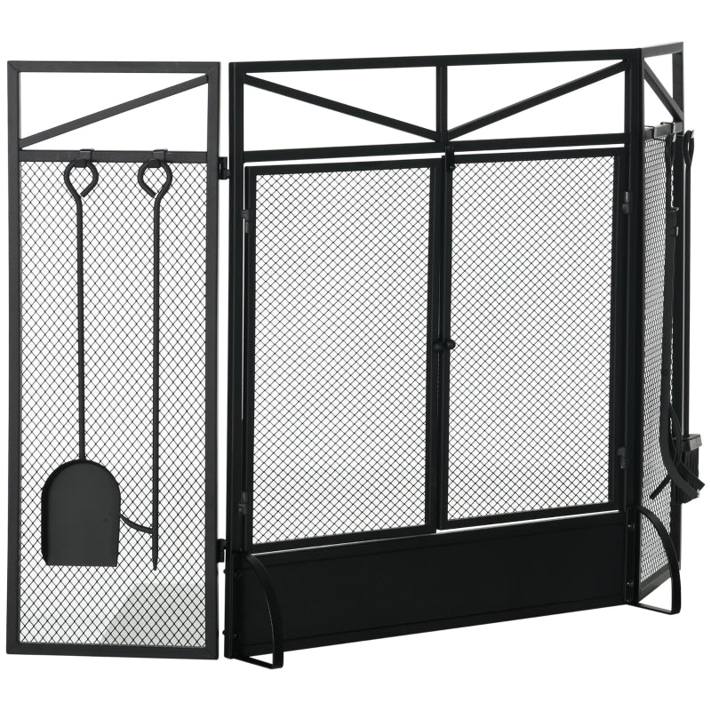 Black 3-Panel Folding Fire Screen with Tool Set and Doors, Freestanding Spark Guard for Fireplace, 122x77 cm