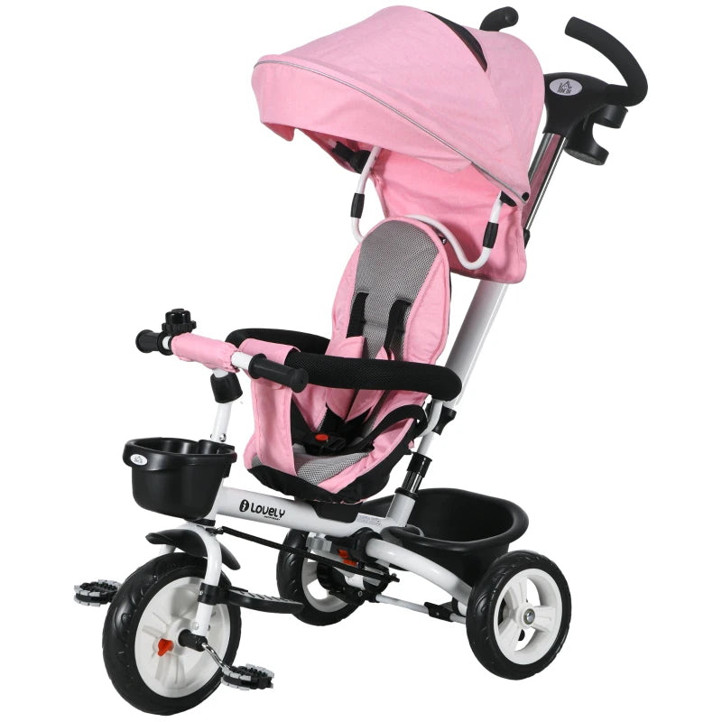 6-in-1 Pink Baby Push Tricycle with Parent Handle - Ages 1-5