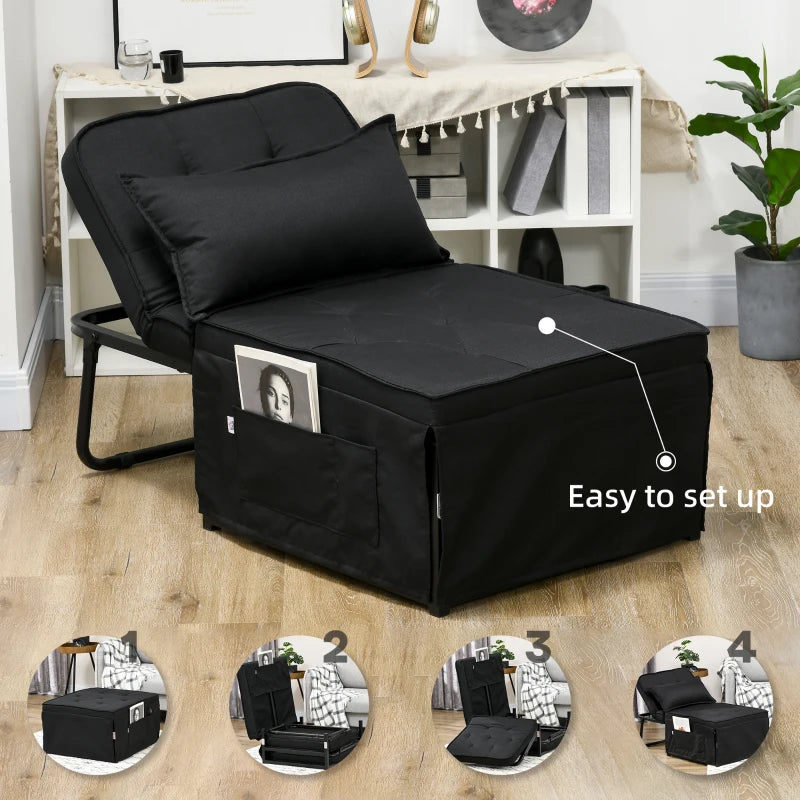 Black Fabric Folding Sleeper Chair with Adjustable Backrest and Side Pockets