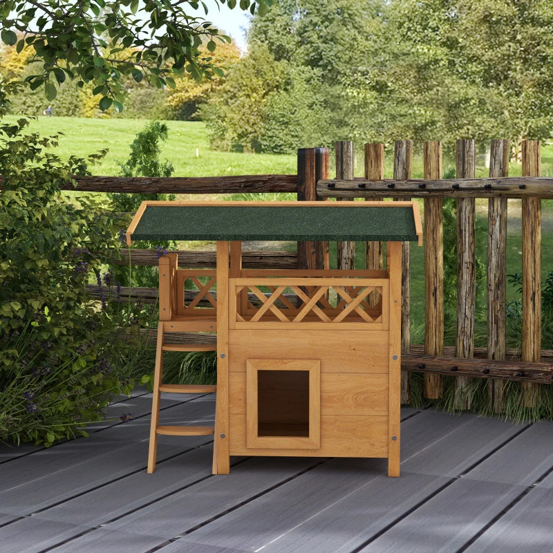 Outdoor Cat House with Balcony and Stairs, Natural Wood Finish, 77 x 50 x 73 cm