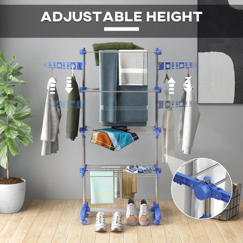 Blue 4-Shelf Folding Clothes Drying Rack with Side Arms and Wheels