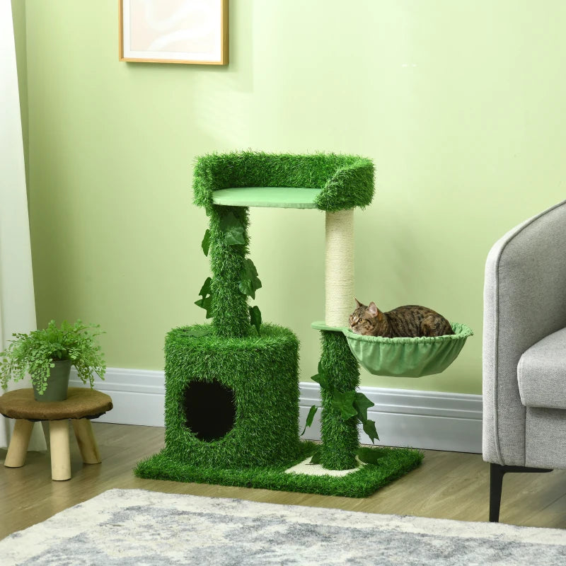 Green Cat Tree with Leaves, Scratching Posts, Hammock - 77cm