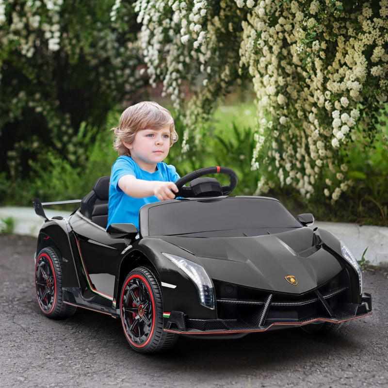 Black Licensed Electric Ride-On Car with Remote Control, Music, and Horn