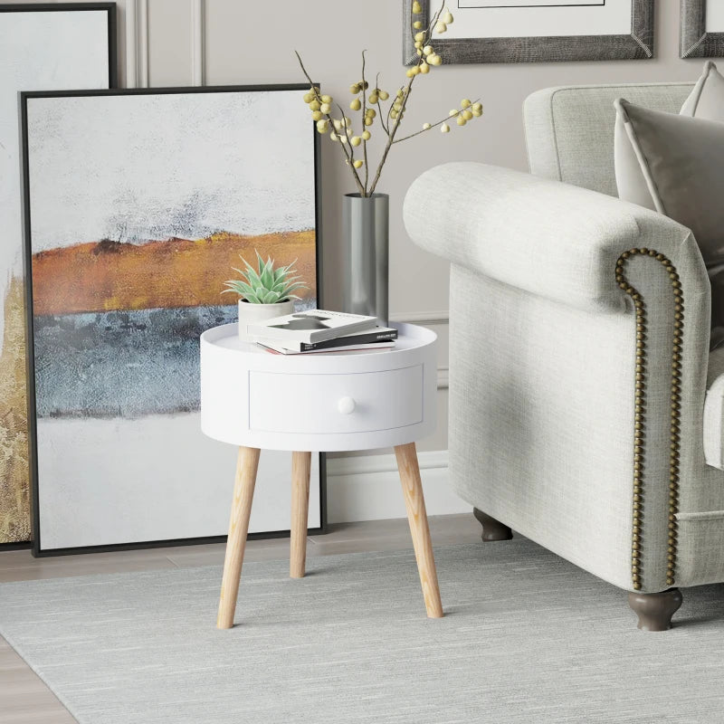 White Round Side Table with Drawer and Wood Legs