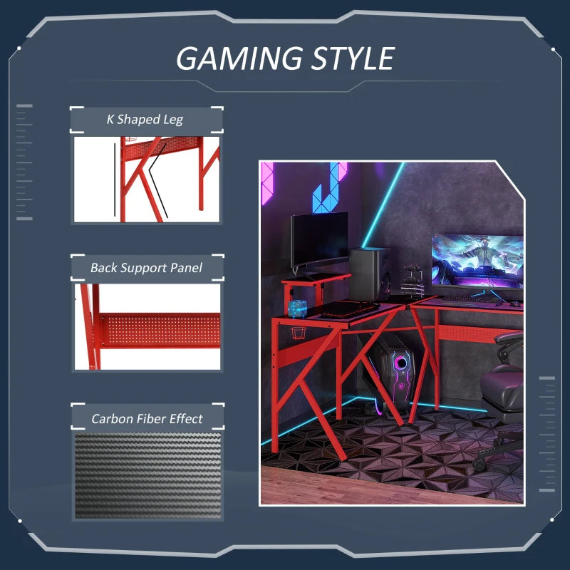 Red L-Shaped Gaming Desk with Monitor Stand and Cup Holder