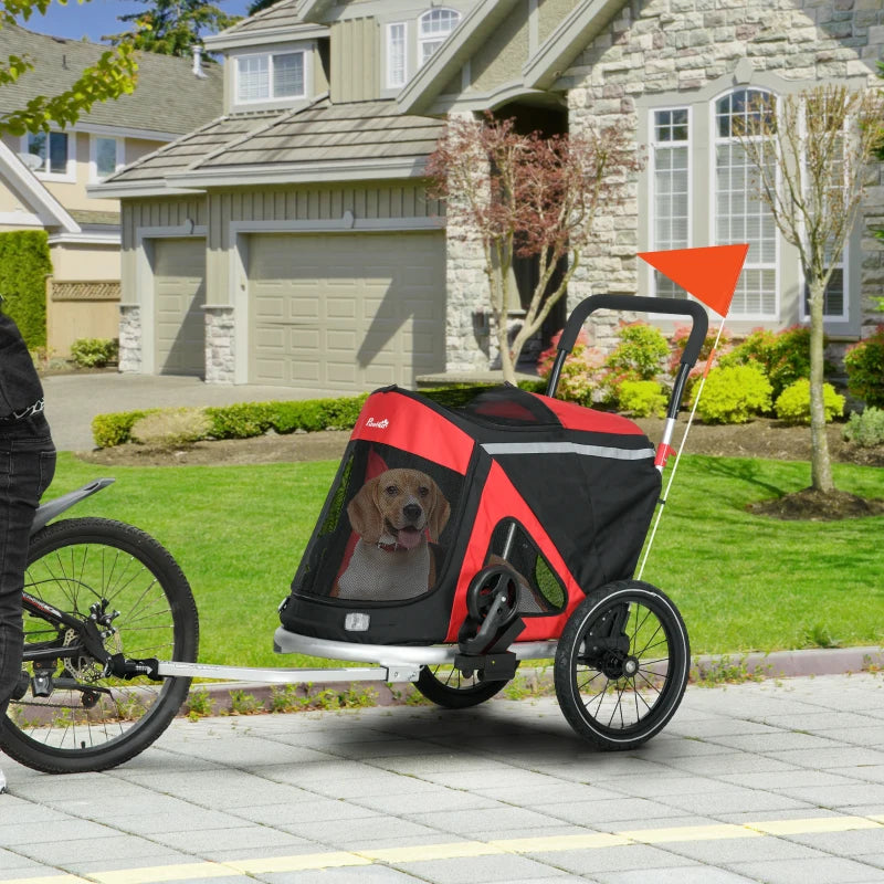 Red 2-in-1 Aluminium Dog Bike Trailer & Pet Stroller for Medium Dogs