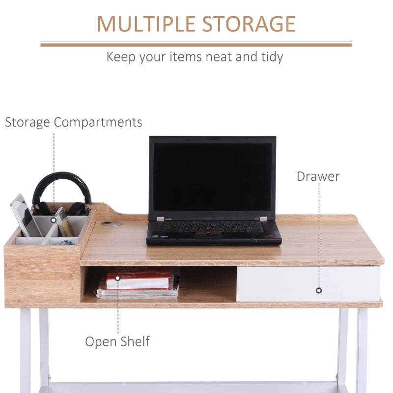 Oak and White Computer Writing Desk with Drawer and Storage Compartments