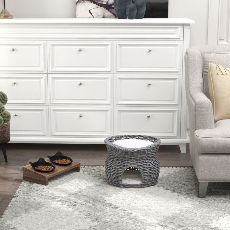 Grey Wicker 2-Tier Cat House with Washable Cushions