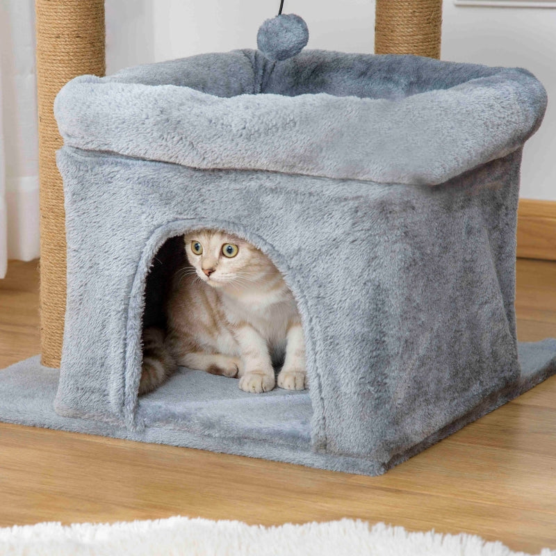 Grey Cat Tree Tower with Scratching Post and Interactive Toy - 48 x 48 x 84cm